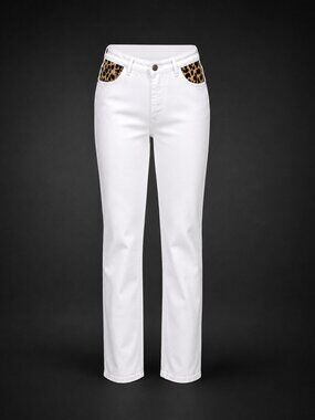 Cache White Straight Leg Pants Leopard Print Waistband Accent Women's Size 4